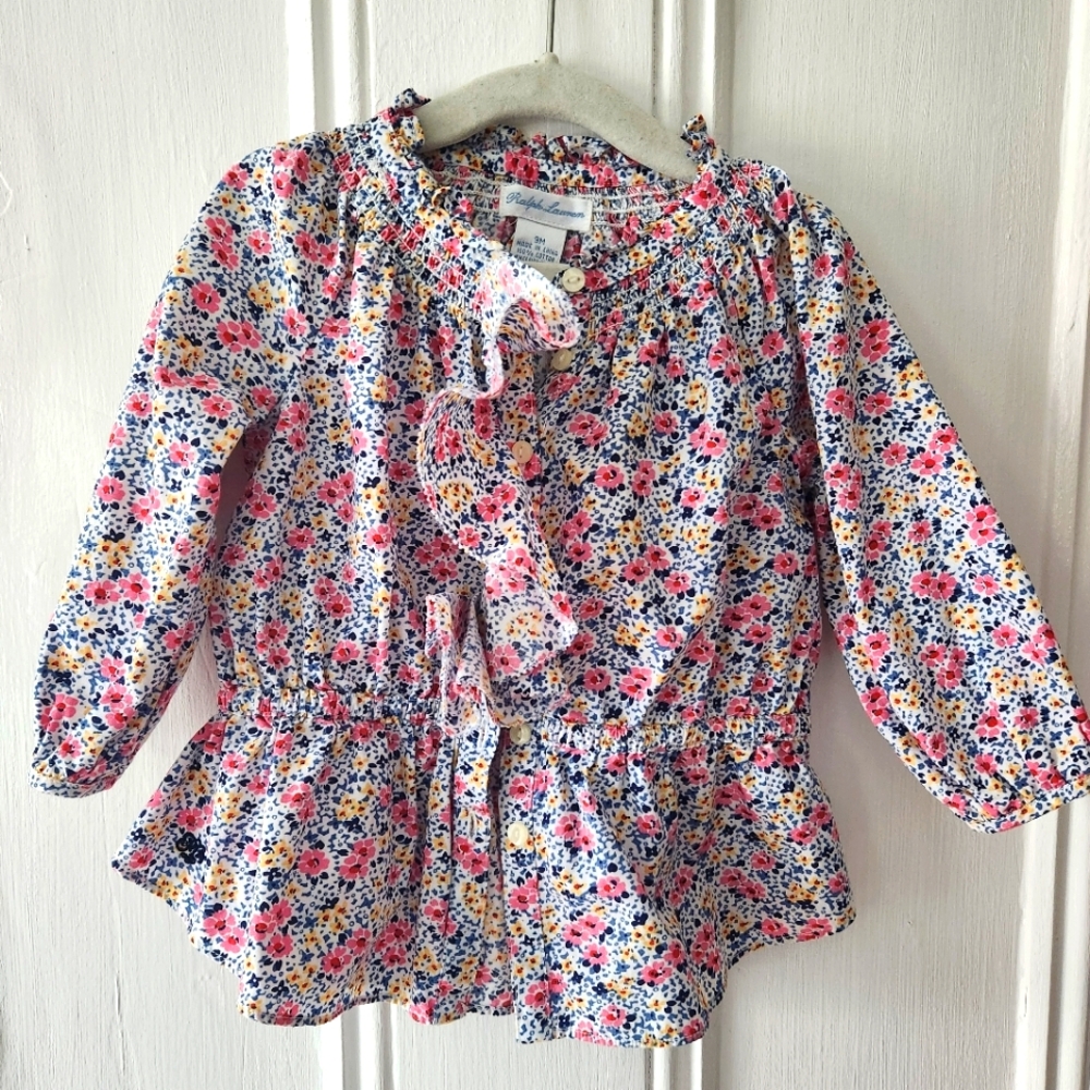 EUC Ralph Lauren Floral Button Front Blouse w/ Ruffles Size 9M Baby Girl